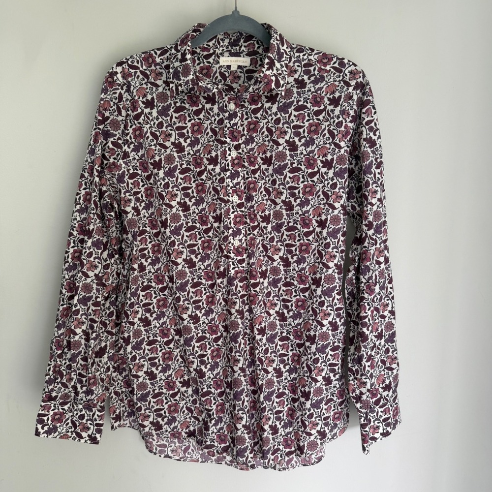Ann Mashburn Floral Shirt Long Sleeve Button Down Blouse Purple 100% Cotton L